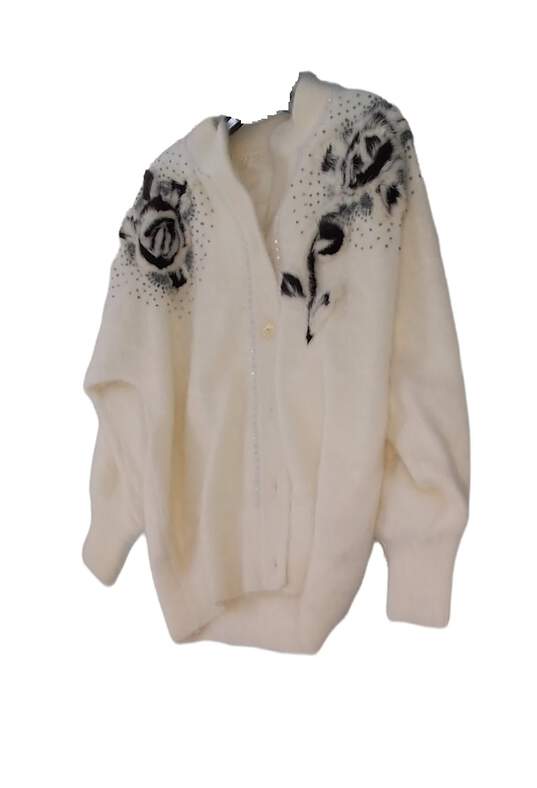 Womens Cream Floral Crew Neck Long Sleeve Cardigan Sweater Size Free image number 2