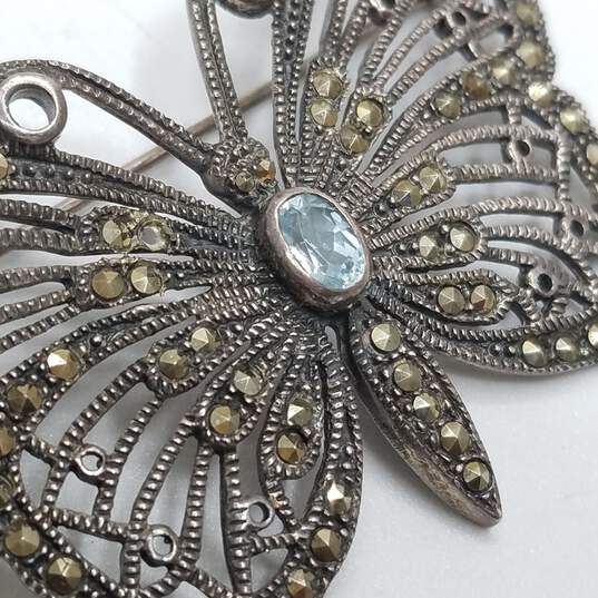 Sterling Silver Marcasite Blue Topaz Butterfly Brooch 12.8g image number 3