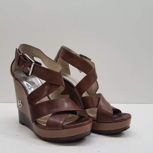 Michael Kors Brown Leather Strap Wedge Sandal Shoes Size 6 M image number 3