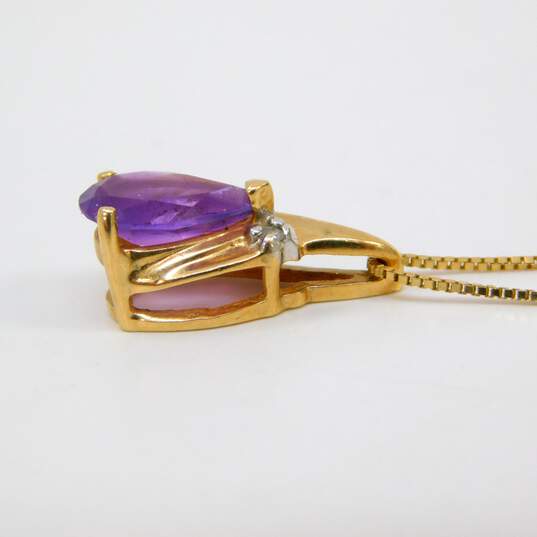 14K Yellow Gold Teardrop Amethyst Round Diamond Accent Pendant Necklace 2.2g image number 3