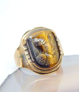 VTG 10K Yellow Gold Tigers Eye Carved Warrior Statement Ring 5.4g