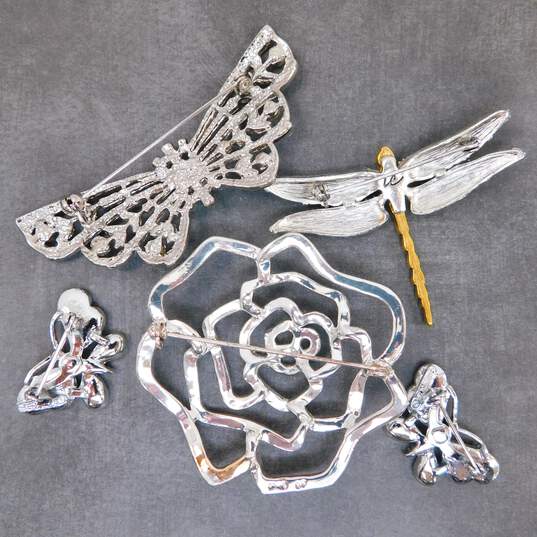 Silver Tone Icy Rhinestone Butterfly, Dragonfly & Flower Brooches 63.3g image number 2