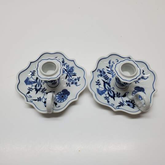 Set of 2 Blue Danube Onion Pattern Candlestick Candle Holder Porcelain White Blue image number 2