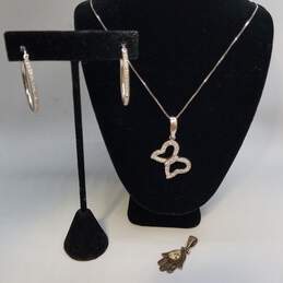 Sterling Silver Crystal CZ Pendant + Hoop Earrings + Pendant Necklace Bundle 3pcs 12.8g DAMAGED