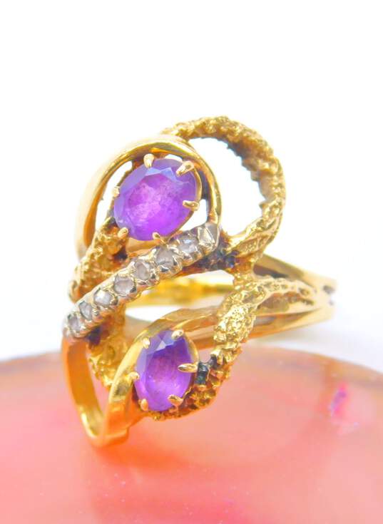 Vintage 14K Yellow Gold Amethyst 0.10 CTTW Diamond Cocktail Ring 10.6g image number 2