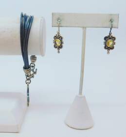 Artisan 925 Faceted Citrine Granulated Drop Earrings & Dotted Cross Charm Black Cord Multi Strand Toggle Bracelet 19.2g