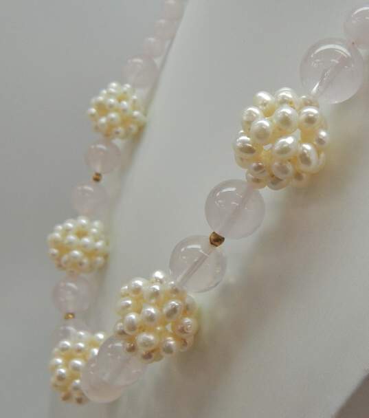 Zoe B 14K Gold Rose Quartz & Freshwater Pearl Cluster Graduated Ball Beaded Necklace 67.8g image number 2