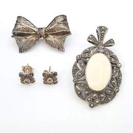 Sterling Silver Multi Gemstone Post Earrings Brooch Bundle 3 Pcs 14.1g