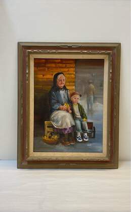 Old Woman and Child with Flower Basket Oil on canvas by Dianne Denegal Signed