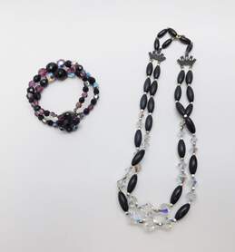 Vintage Icy Aurora Borealis & Black Beaded Multi Strand Necklace & Bracelet 63.5g