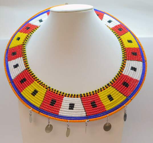 Artisan African Maasai Red Yellow Black & White Medium Collar Necklace image number 1