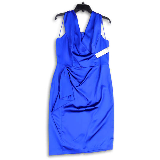 NWT Womens Blue Sleeveless V-Neck Back Zip Ruffle Sheath Dress Size 12 image number 1