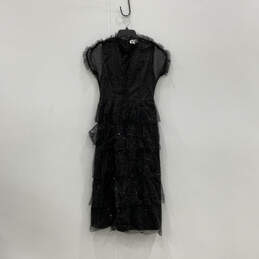 NWT Womens Black Sequin Short Sleeve Cascading Frill Fit & Flare Dress Sz L