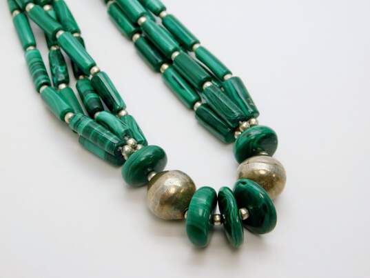 Artisan 925 Bali Style Malachite Discs & Tubes & Smooth & Granulated Ball Beaded Statement Necklace 67.7g image number 2