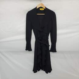 St. John Black Wool Blend Ribbed Knit Ruffled Belted Cardigan WM Size P