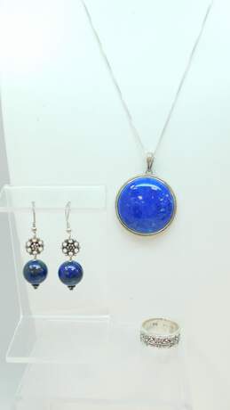 Artisan 925 Lapis Lazuli Cabochon Circle Pendant Bead Drop Earrings & Band Ring alternative image