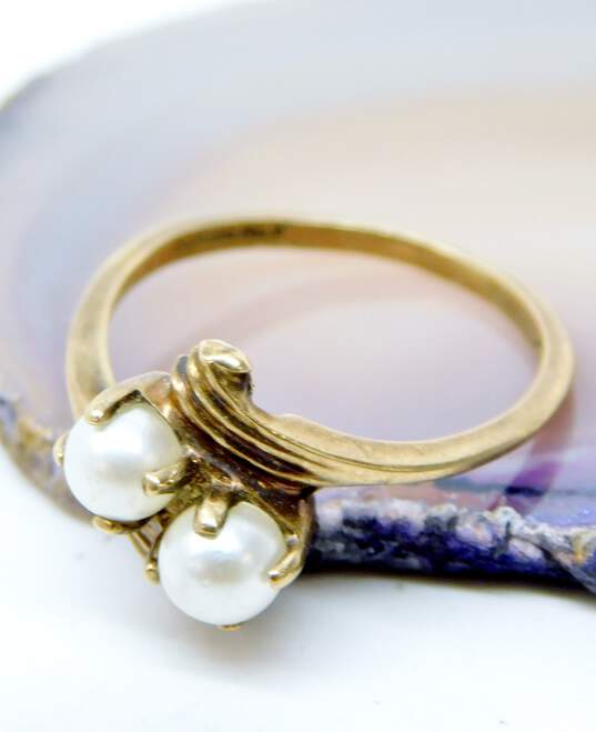 10K Yellow Gold White Pearls Scrolled Bypass Ring 1.5g image number 2