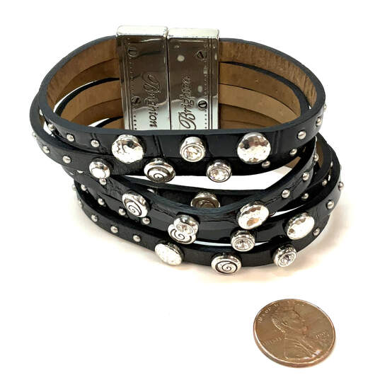 Designer Brighton Silver-Tone Black Leather Rhinestone Studs Wrap Bracelet image number 3