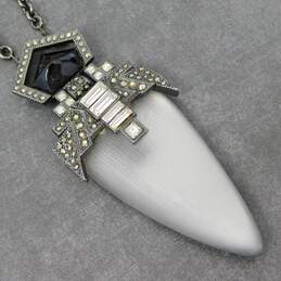 Alexis Bittar Gunmetal Grey Carved Lucite & Rhinestones Pointed Pendant Necklace