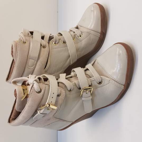 Michael Kors Cream Beige Lace Up Buckle Wedge Heel Ankle Boots Women's Size 7 M image number 3