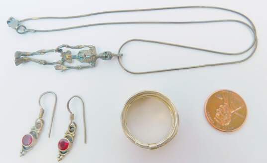 925 Spooky Skeleton Pendant Necklace Garnet Earrings & Stack Ring 17.7g image number 5