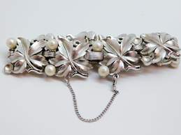 Vintage Crown Trifari Silver Tone & Faux Pearl Panel Bracelet 43.0g