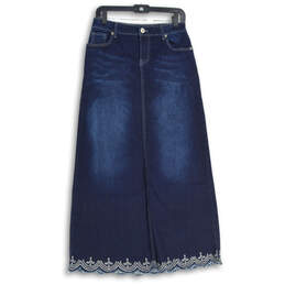 Womens Blue Denim Pocket Embroidered Hem Maxi Skirt Size Small