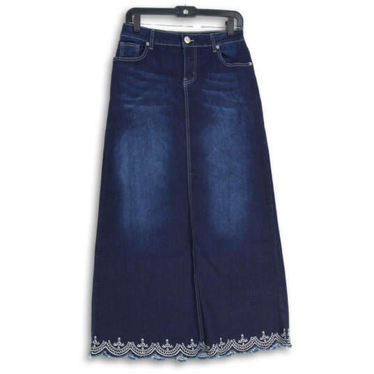 Womens Blue Denim Pocket Embroidered Hem Maxi Skirt Size Small image number 1