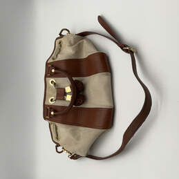 Womens Brown Beige Leather Trim Tassel Pockets Adjustable Strap Handbag