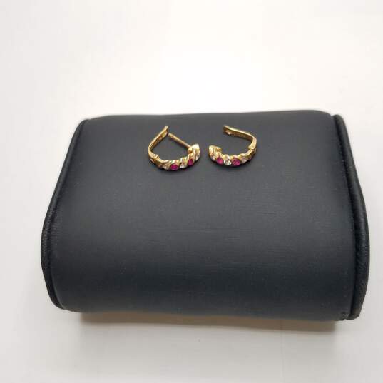 14K Gold Cubic Zirconia & Ruby Hoop Earrings Damage 1.9g image number 2