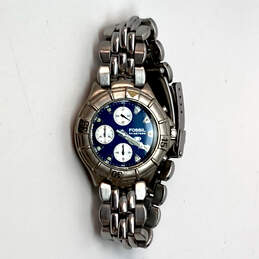 Designer Fossil Silver-Tone Stainless Steel Blue Chronograph Wristwatch