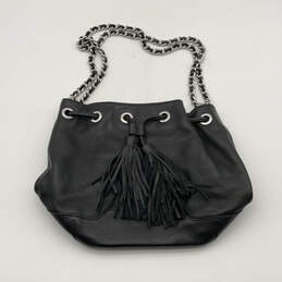 Womens Black Leather Semi Chain Strap Drawstring Bucket Bag Purse alternative image