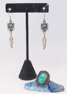 925 Vintage Turquoise Ring & Eagle/Feather Drop Earrings alternative image