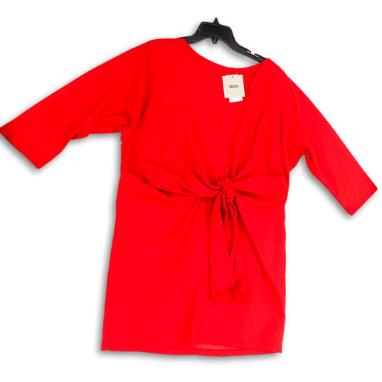 Womens Red Short Sleeve Front Knot Back Zip Round Neck Mini Dress Size 14 image number 1