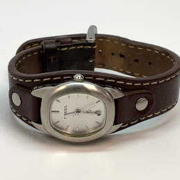 Designer Fossil Silver-Tone Date Indicator Leather Strap Analog Wristwatch
