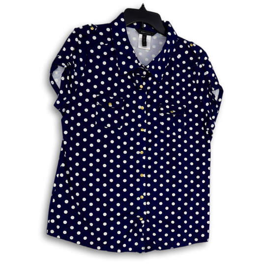 Buy the Womens Blue Polka Dot Collared Short Sleeve Snap Front Blouse ...