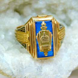Vintage 10k Yellow Gold Blue Spinel & Enamel Carved Service Ring 5g