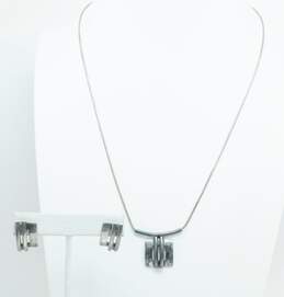 Rustic 925 Modernist Tubes Overlay Square Slide Pendant Snake Chain Necklace & Matching Drop Post Earrings Set 16.2g