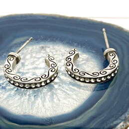 Designer Brighton Silver-Tone Rhinestone Etched Half Circle Hoop Earrings