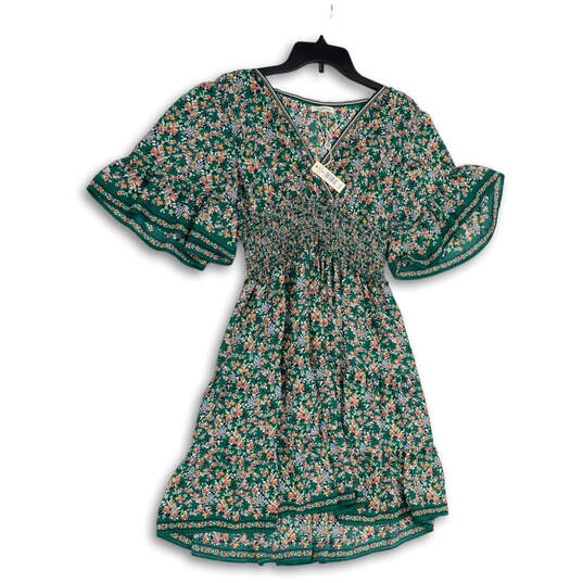 NWT Womens Green Floral 3/4 Bell Sleeve Smocked Waist Wrap Dress Size S image number 1