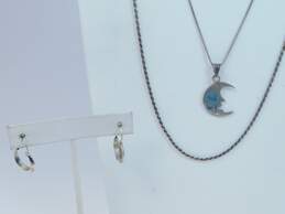 Artisan 925 Sterling Silver Crushed Turquoise Moon Pendant Chain Necklaces & Mini Hoop Earrings 13.0g alternative image