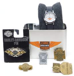 Harley Davidson Relic Black Leather Quartz Watch & Collectible Pins 188.7g