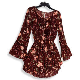 Womens Red Floral Bell Sleeve Tie Neck Pullover Fit & Flare Dress Size 3XL