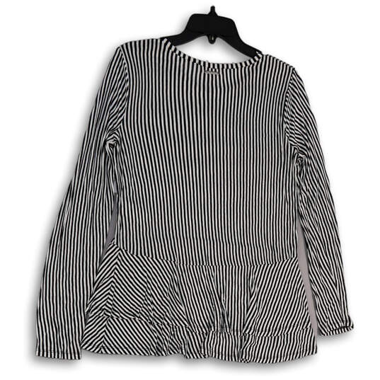 Womens Black White Striped Round Neck Long Sleeve Pullover Blouse Top Sz M image number 2