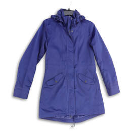 Womens Blue Long Sleeve Flap Pocket Drawstring Hooded Raincoat Size Small
