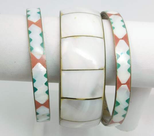 VNTG Brass MOP, Coral & Malachite Inlay Bangle Bracelets image number 1