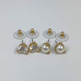 Lot Of 2 Designer Kate Spade Gold-Tone Clear Stone Pearl Stud Earrings alternative image