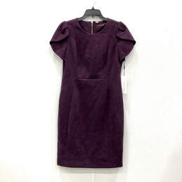 NWT Womens Purple Crew Neck Short Sleeve Back Zip Sheath Dress Size 12
