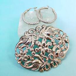 Vintage Romantic 925 Etched Hoop Earrings & Floral Scrolled Oval Brooch 12.4g