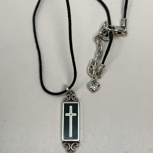 Designer Brighton Silver-Tone Black Cord Cross Pendant Necklace w/ Dust Bag image number 2